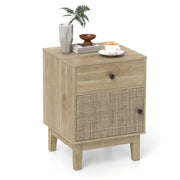 Comodino in rattan stile medievale con cassetto e armadietto, Tavolino boho con gambe in legno Naturale-Comodini