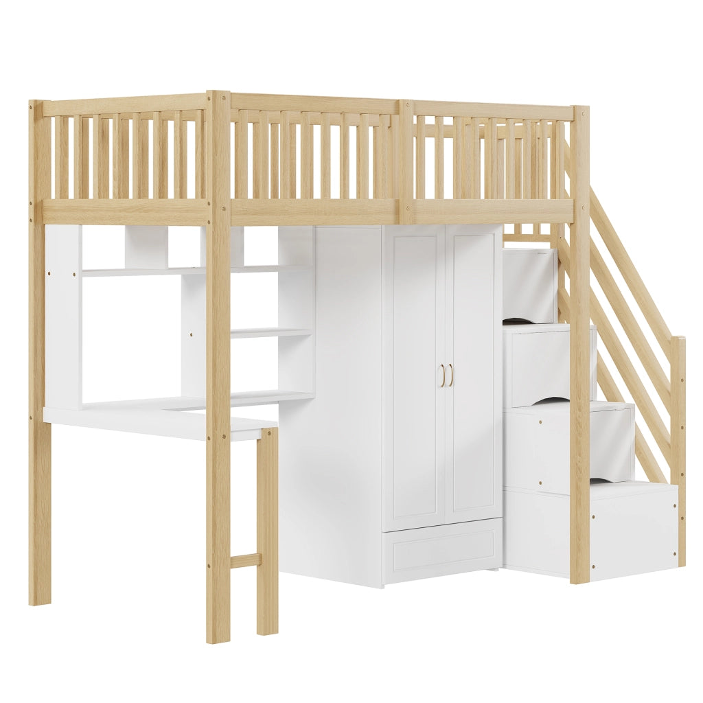 Letto a soppalco singolo 90×200 cm con armadio; scrivania e scala con cassetti; senza materasso; bianco e legno