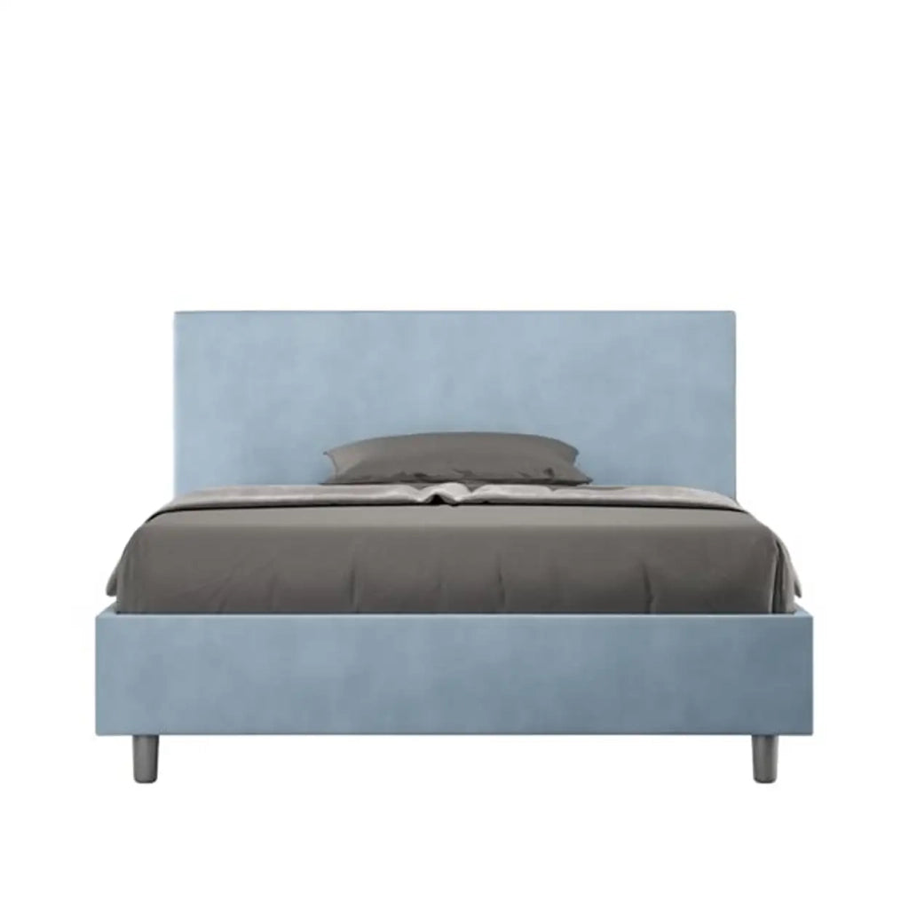 Letto matrimoniale francese con rete imbottito 140x190 microfibra azzurro Adele