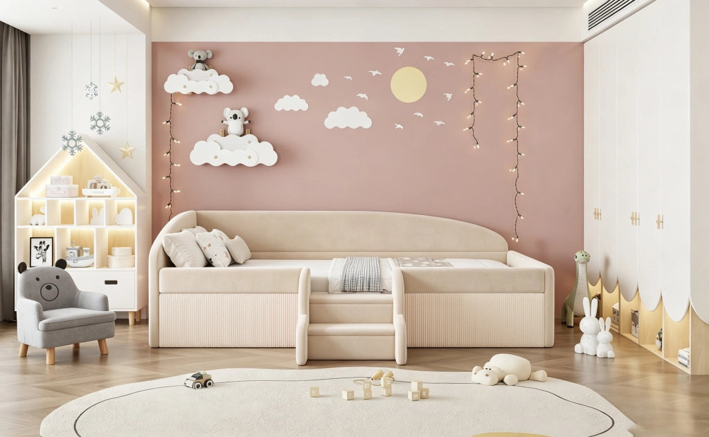 LETTO per bambini 90x190 cm in velluto beige con scale e sponde