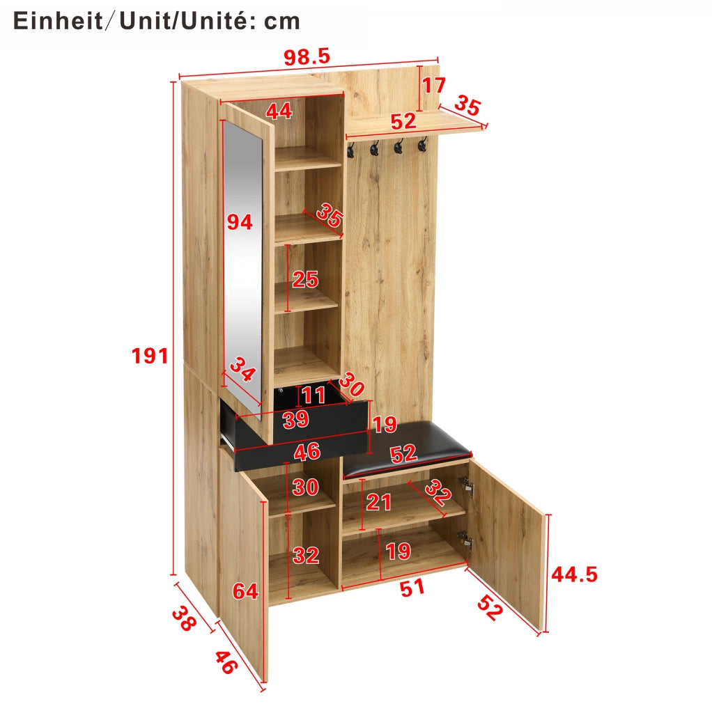 Set guardaroba da ingresso con specchio e 5 ganci; contenitore multifunzione in MDF nero e naturale