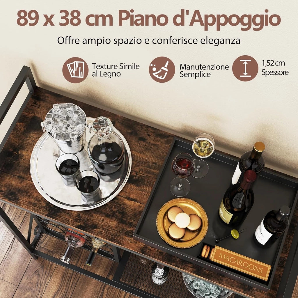 Portabottiglie da Terra per 21 Bottiglie, Portabottiglie da Vino con Supporto per Bicchieri, Piano in Legno e Mensola per Stoccaggio, Struttura Metallica，per Cucina e Bar (Marrone)