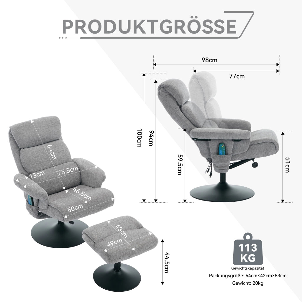Fauteuil relax in ciniglia con massaggio a 5 punti, funzione riscaldante, girevole 360° e poggiapiedi grigio