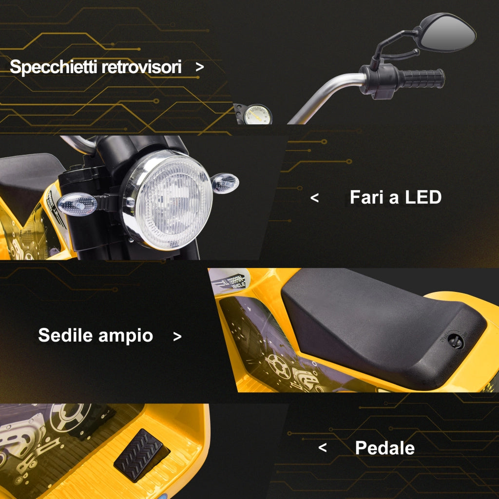 Moto Elettrica per Bambini a 3 Ruote con Luci e Suoni, Batteria Ricaricabile 6V, Velocit¨¤ 2 km/h, per Bimbi da 18-36 Mesi, 72cmx57cmx56cm Gialla