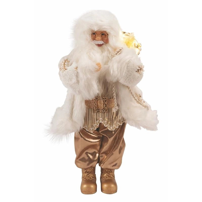 BABBO NATALE A PUPAZZO COLORE ORO BIANCO CON SACCO E 9 LED H 46 CM