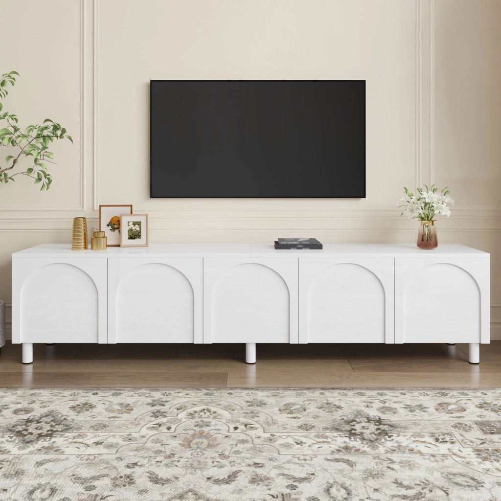 Mobile TV con 5 ante e passacavi; per soggiorno; in MDF e PB; 180x38x45 cm; bianco