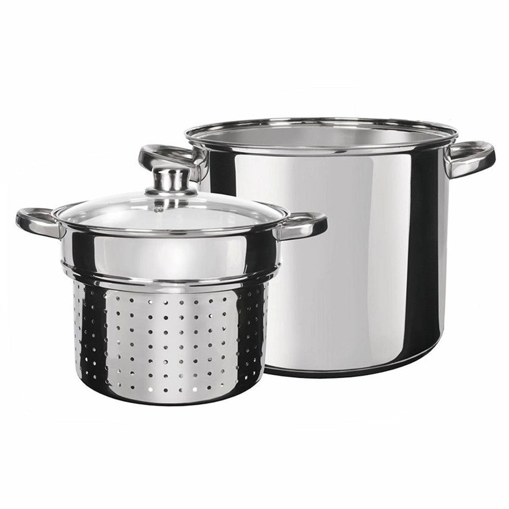 Trade Shop - Set 3pz Pentola Cuocipasta In Acciaio Scola Pasta Con Coperchio Manici ø24cm 8lt Induzione -