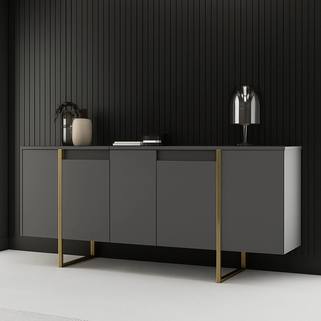 Credenza Arta, Buffet da soggiorno, Madia da salotto, Dispensa da cucina, 160x35h80 cm, Antracite e Oro