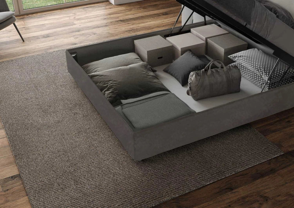 BS COM Letto queen size contenitore imbottito 150x200 microfibra grigio