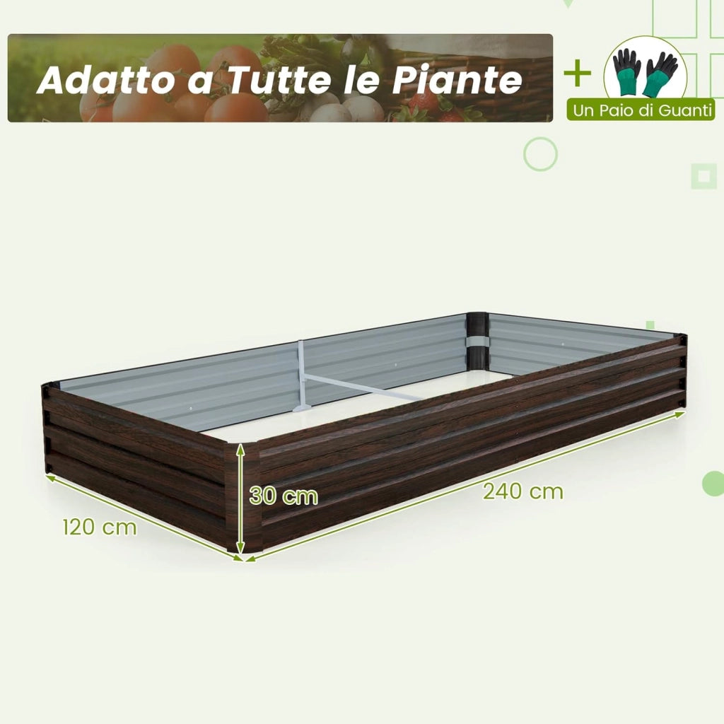 Fioriera in Metallo 240 x 120 x 30 CM, Orto Rialzato con Base Aperta, Aiuola da Esterno per Piante, Verdure, Frutta, Erbe Aromatiche e Fiori