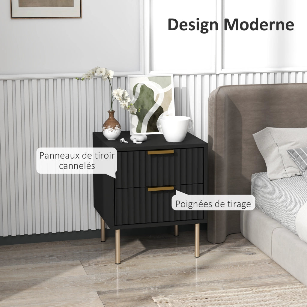Comodino con 2 cassetti e gambe in acciaio ¨C zephmum ¨C Nero