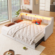 LETTO Estraibile 90x200 cm Beige in lino e MDF con USB e Type-C