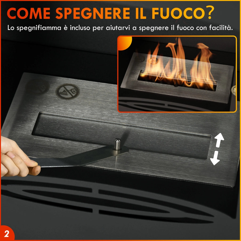 Camino a Bioetanolo in Acciaio Inox con Bruciatore da 1.2L per 3 Ore di Durata, 36x26x54cm, Nero