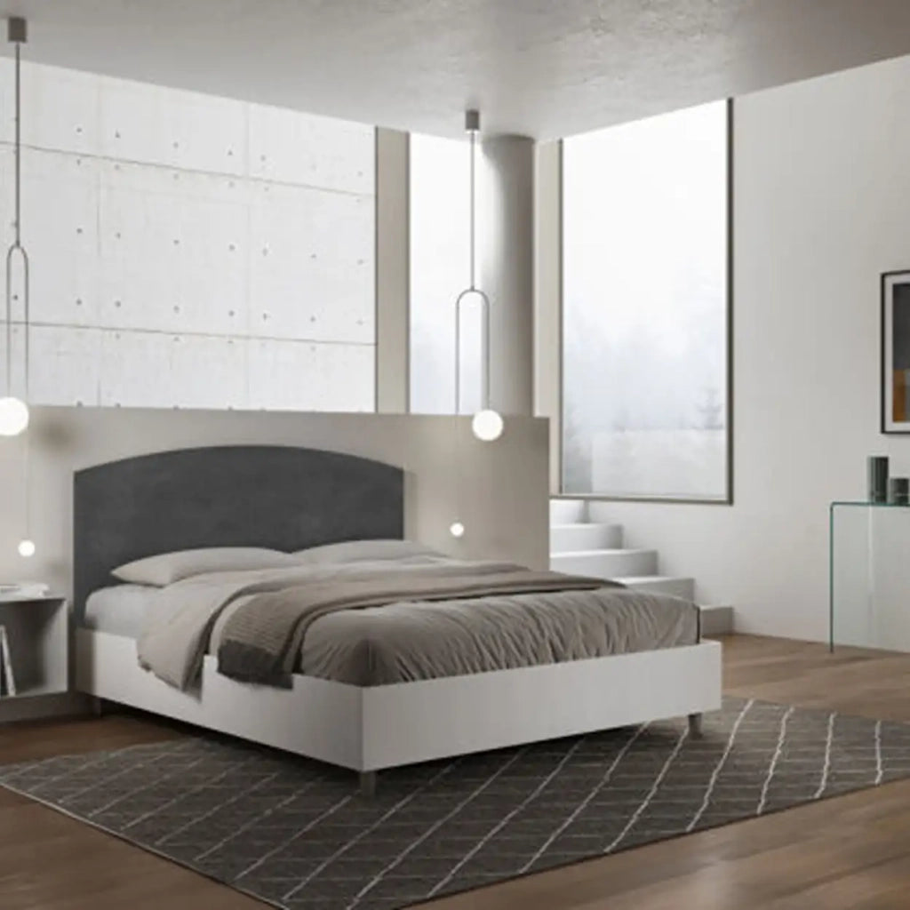 Letto matrimoniale con rete 160x200 bianco frassino testata microfibra grigio Antilia