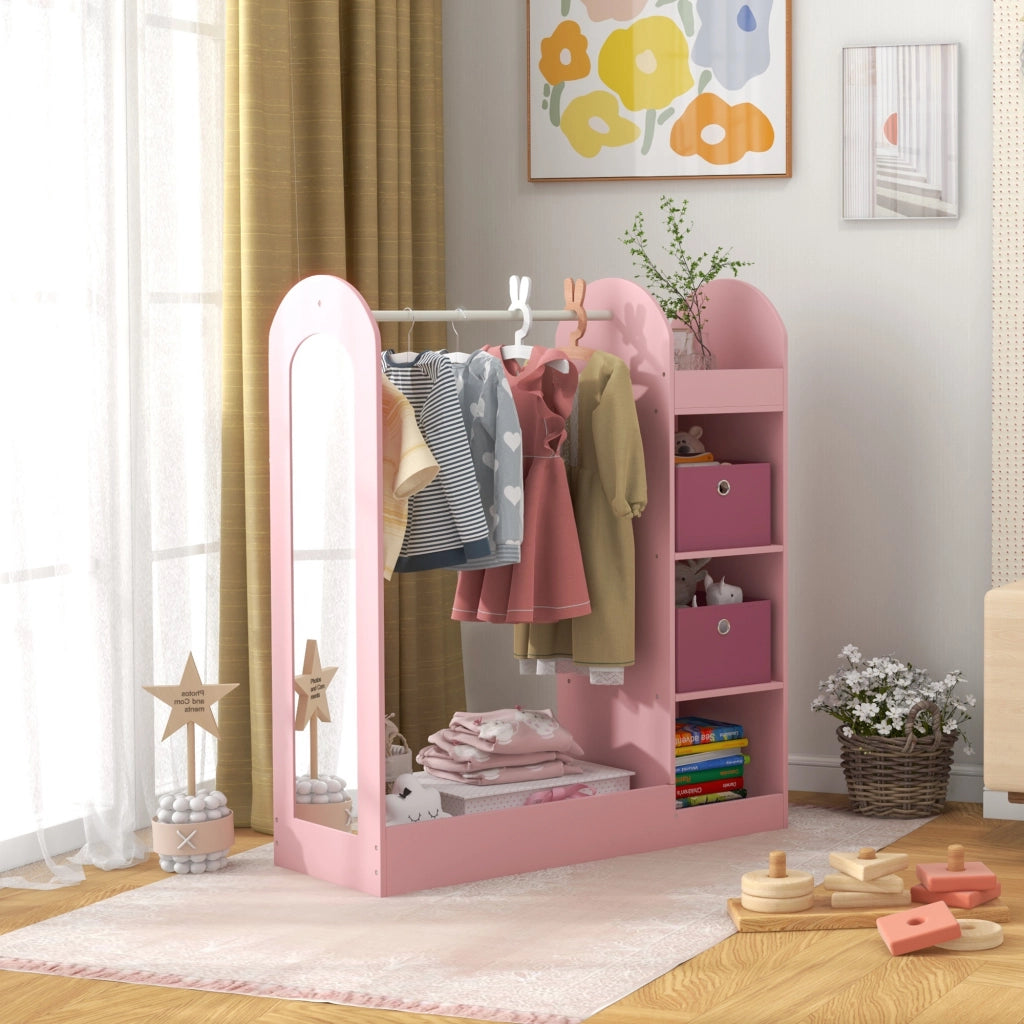 Armadio Bambini con Appendiabiti, Ripiani e Specchio ¨C Minimal ¨C Legno, Rosa