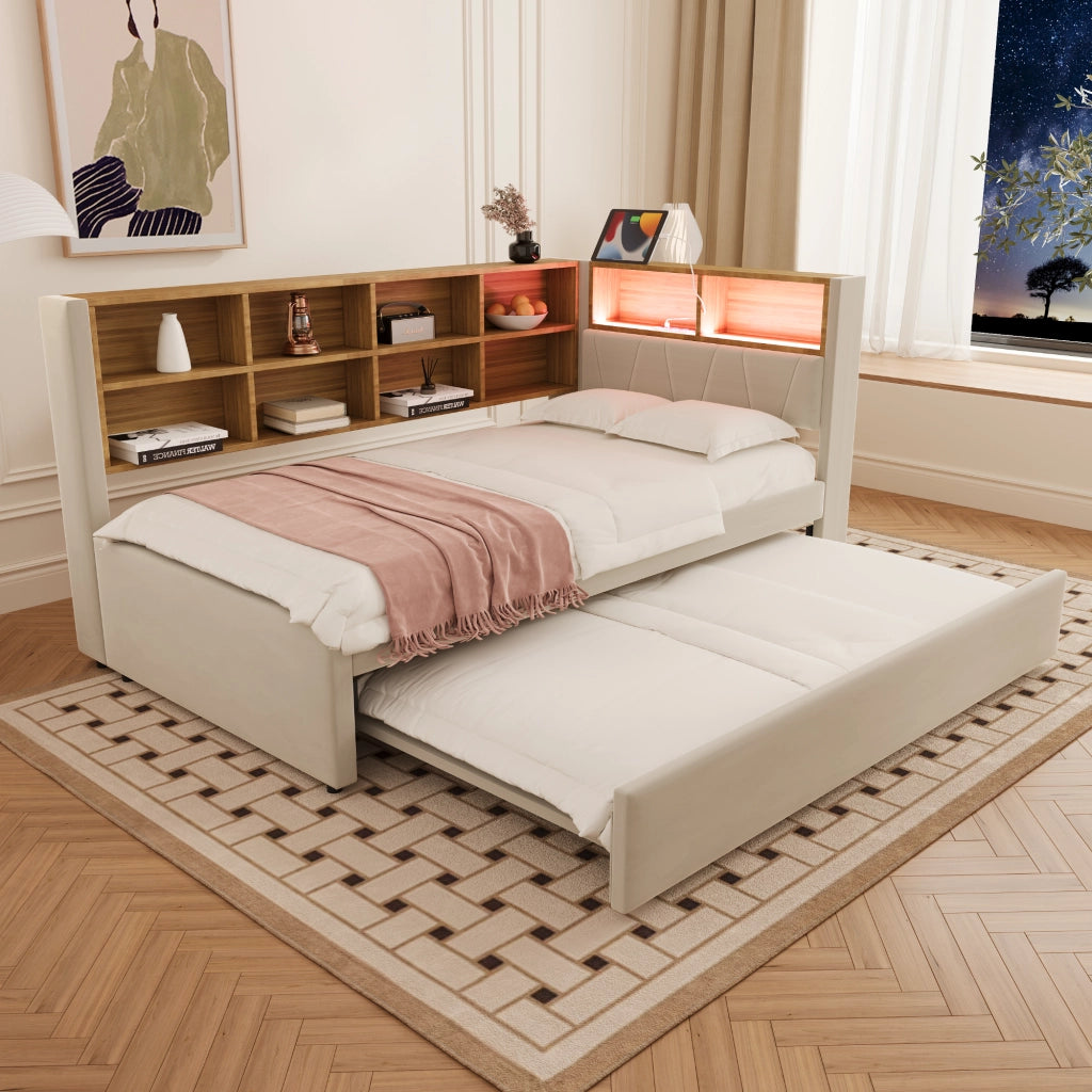 DIVANO LETTO Estraibile 90x200 cm Flanella Beige con LED e prese
