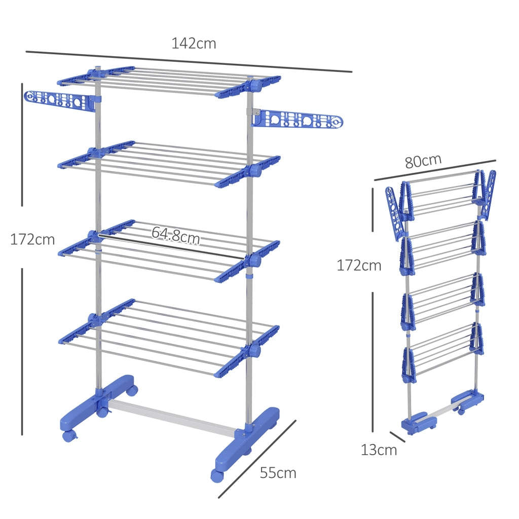 Stendino Verticale con 4 Ripiani Regolabili 142x55x172 cm in Acciaio e Plastica Blu e Argento
