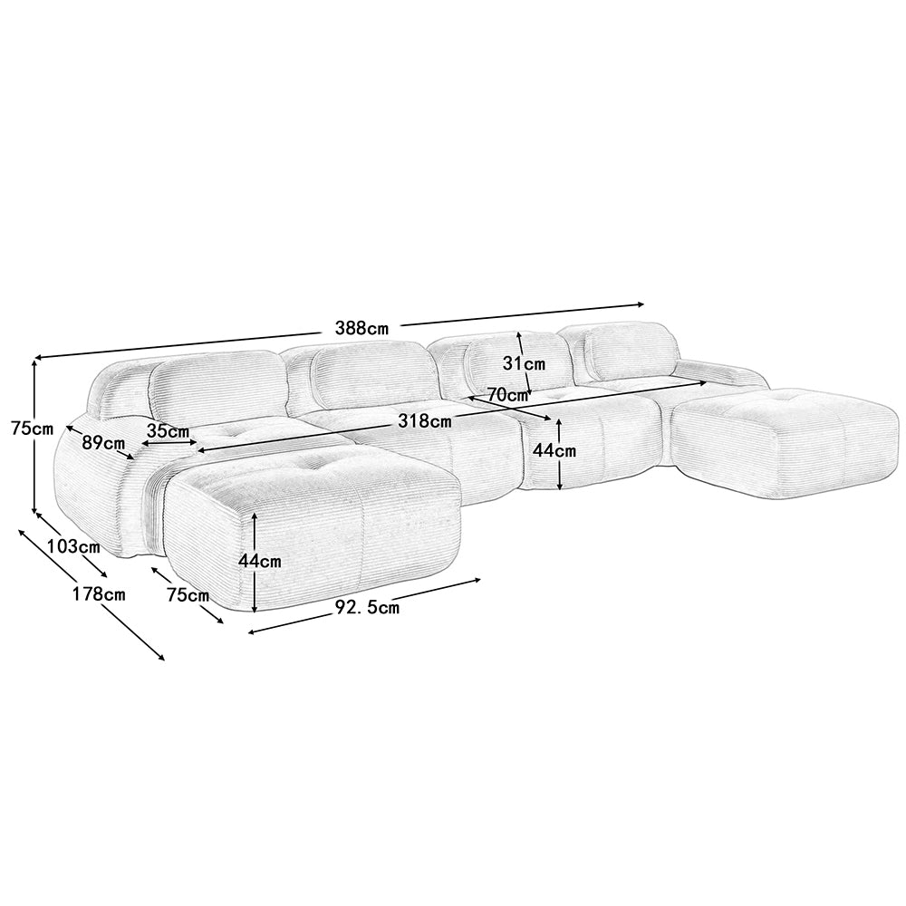 Divano a U senza montaggio - Xylo - Velluto traspirante, braccioli XL, 32D, beige