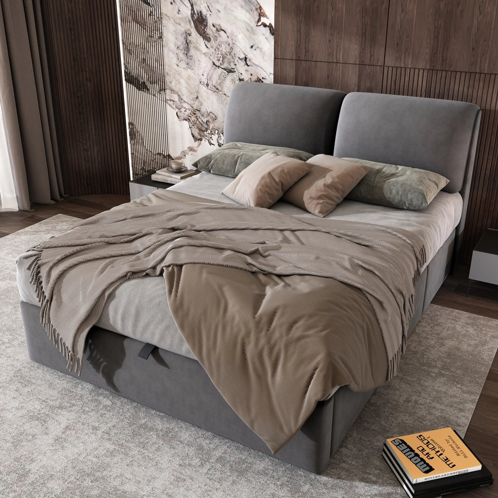 Letto imbottito 140x200 in velluto grigio con 3 cassetti, contenitore idraulico, rete a doghe e testiera regolabile