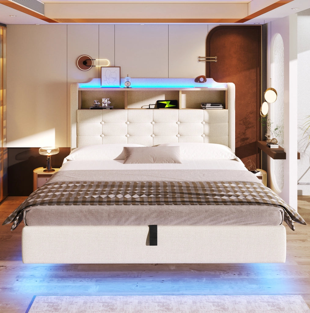 Letto imbottito 140x200 cm con contenitore idraulico e LED beige
