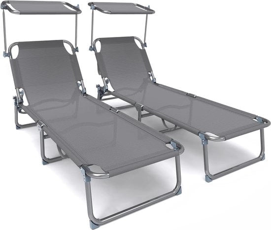 Set di sedie da giardino da 2 - sedile da giardino - con parasole - pieghevole e regolabile - sedia da giardino ergonomico - max. 110 kg - grigio