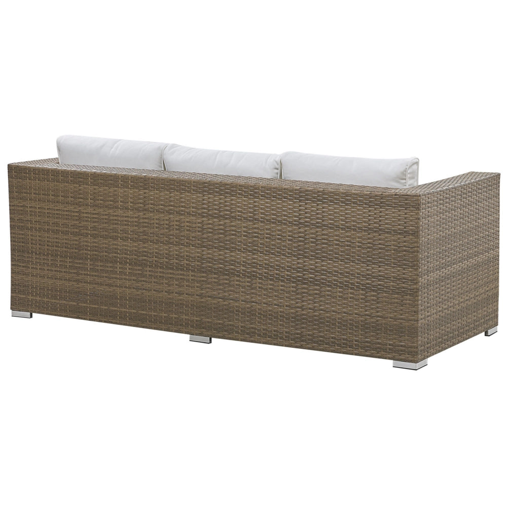 Divano da esterno Set divano a 3 posti in rattan sintetico marrone con tavolo e 2 cuscini bianchi ottomani