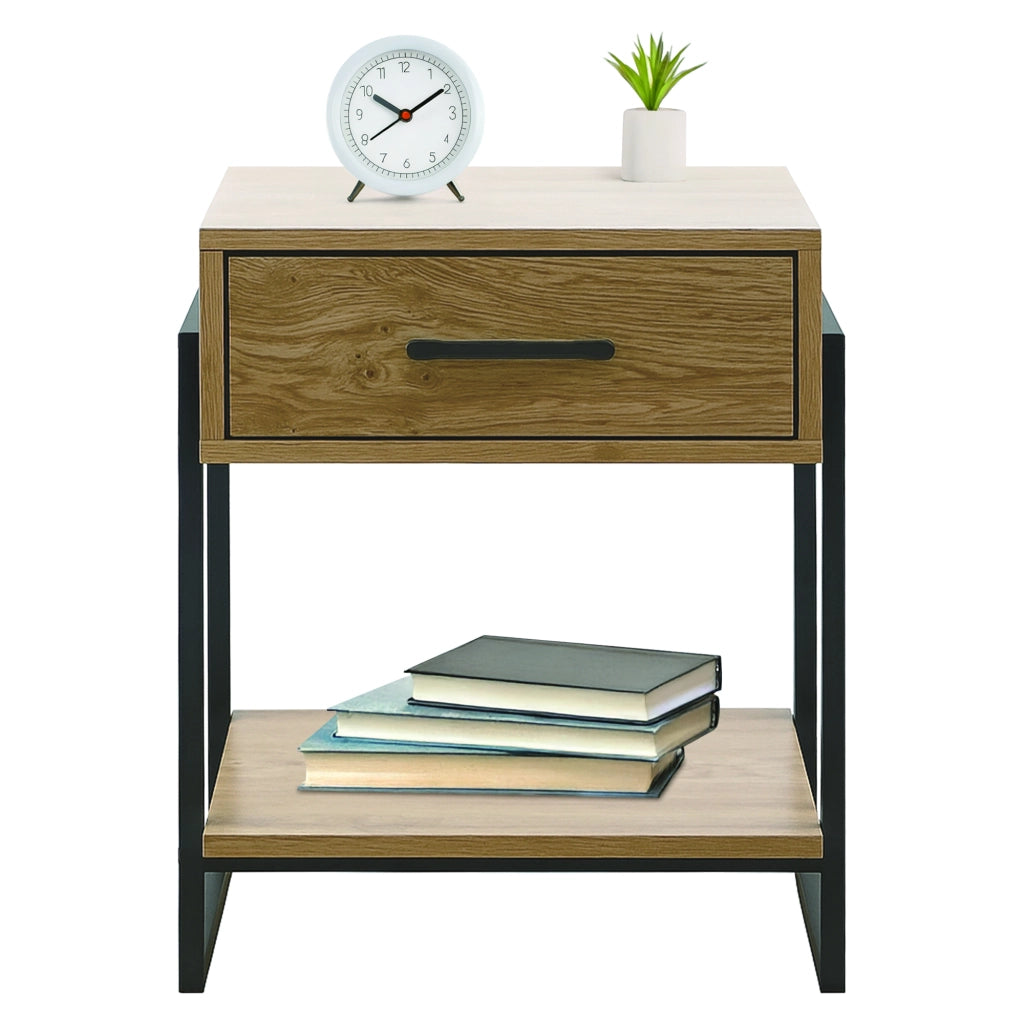 Comodino In Legno Metallo Con Cassetto Con Maniglia E Scomparto Aperto Camera Da Letto Portalibri Oggetti Mensola Libreria Stile Industrial
