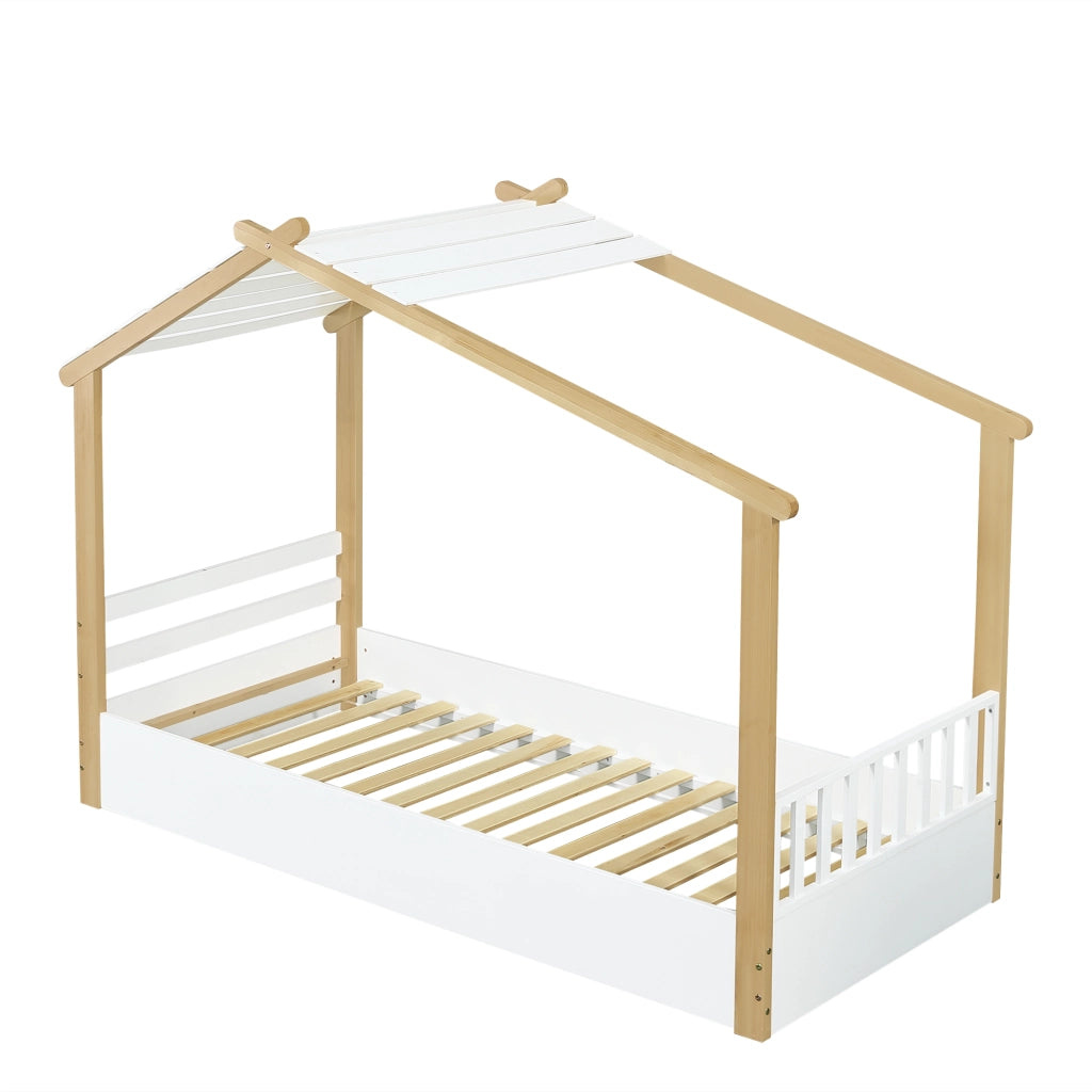 Letto per bambini a forma di casetta 90x200 cm, legno bianco e naturale, con reti a doghe stabili, struttura in pino, truciolare e MDF