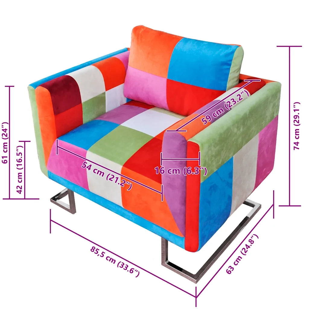 Poltrona a Cubo con Gambe Cromo e Design Patchwork in Tessuto 240895