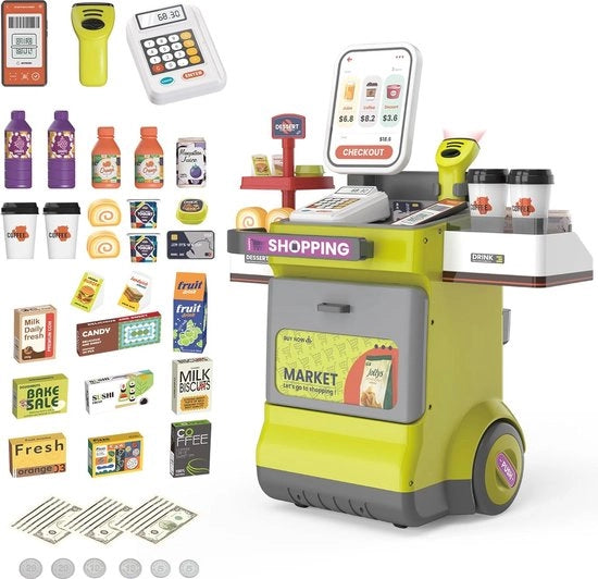 Cassa di Ricerca per Bambini - 48PCS Cassa a Ruote con Scansionatore, Calcolatrice, Monete di Gioco e Accessori per Attività di Ricerca