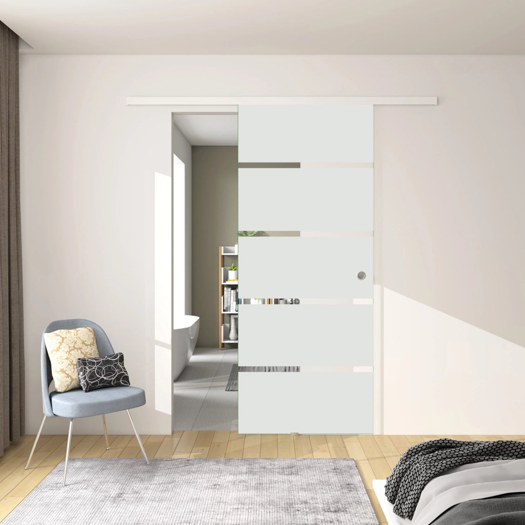 Porta Scorrevole Interna 82x215 cm in Vetro Temperato da 8 mm Opaco con Fasce Bianche Serigrafate Binario Alluminio Bianco