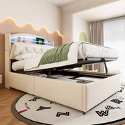 LETTO imbottito 90x200 cm in velluto beige con contenitore, LED e USB