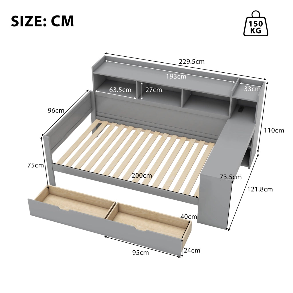 Letto singolo salvaspazio 90×200 cm con 2 cassetti; USB; prese e scrivania; senza materasso; grigio