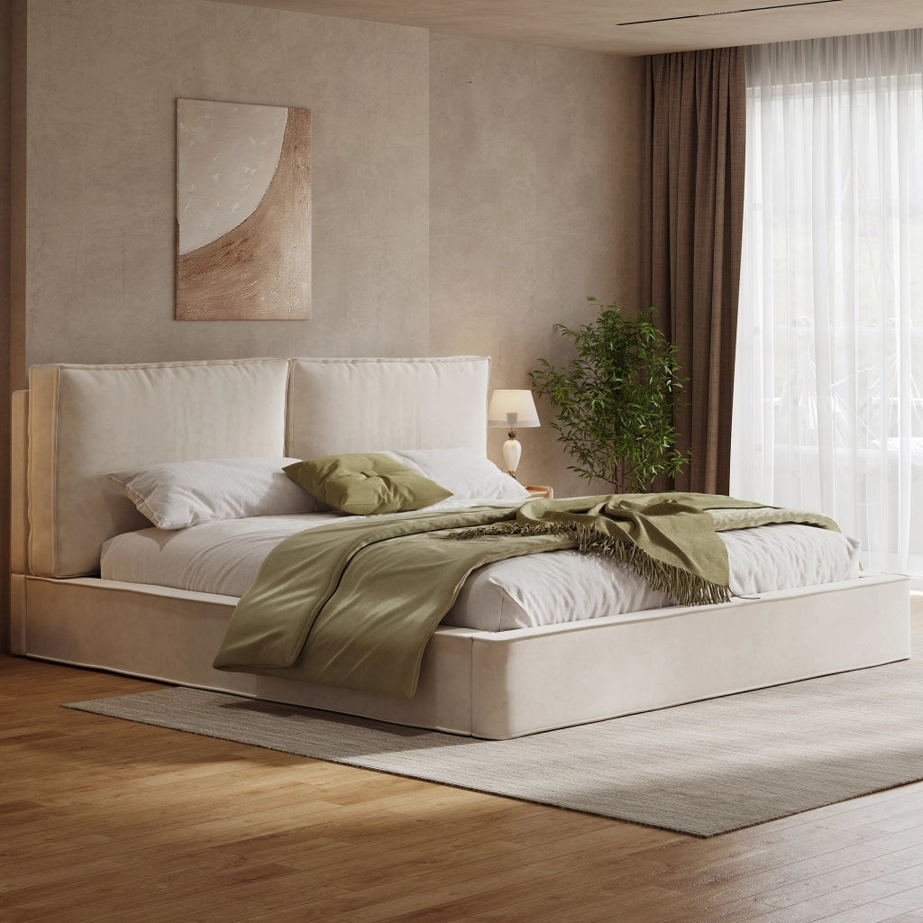 LETTO Matrimoniale 160x200 cm con rete a doghe in Chenille Beige