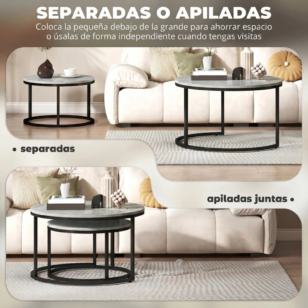 Tavolino da caff¨¨ rotondo effetto marmo ¨C Minimal ¨C 2 pezzi telaio metallo grigio