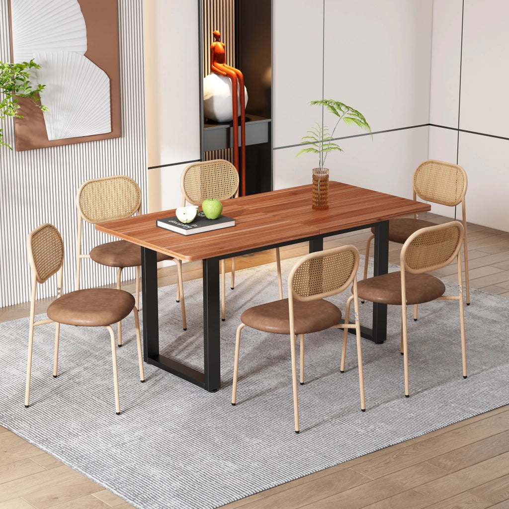 Sedia da pranzo Set da 4 con schienale ovale in rattan naturale, gambe in metallo, PU Marrone