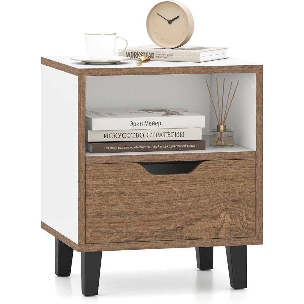 Comodino tavolino da letto con cassetto e scomparto aperto, Tavolo laterale con gambe in metallo per diverse stanze 1 x Comodino-Comodini