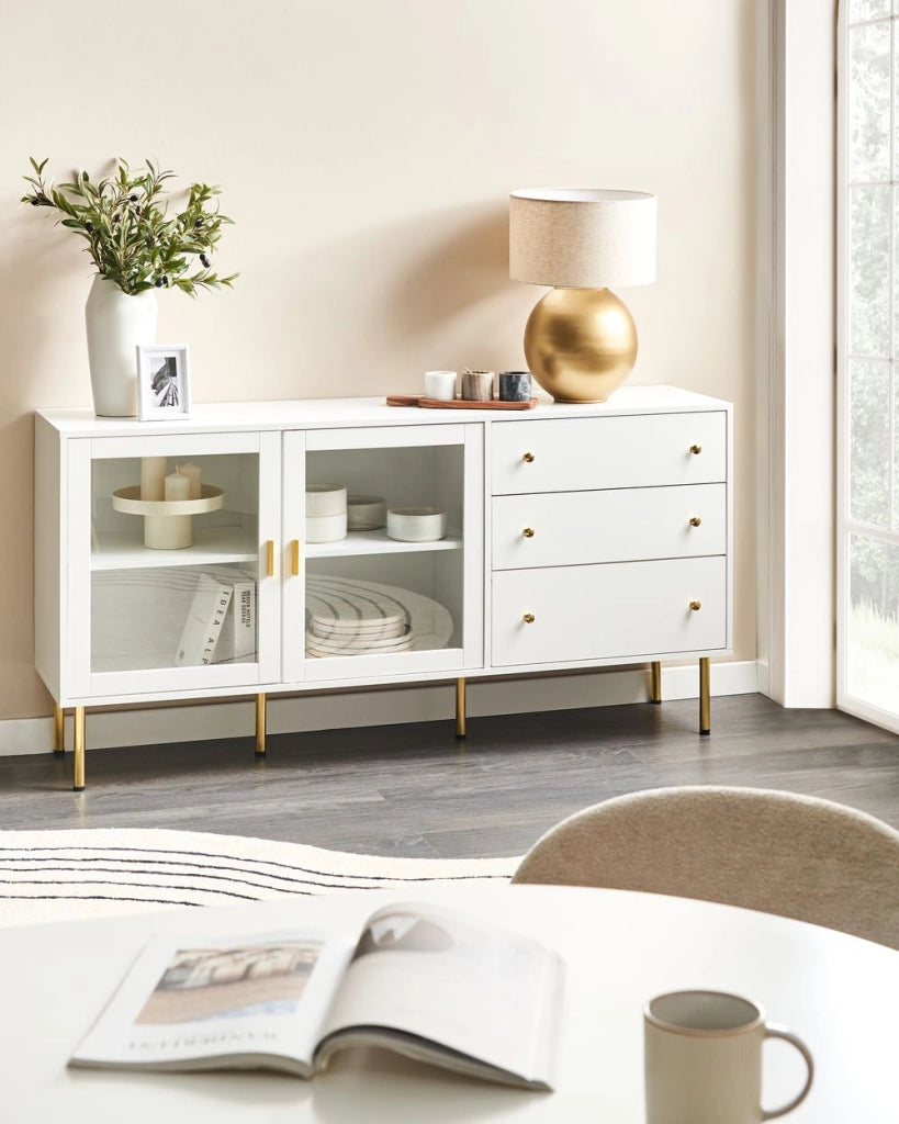 Credenza in MDF bianco con ante in vetro e 2 cassetti Accenti dorati