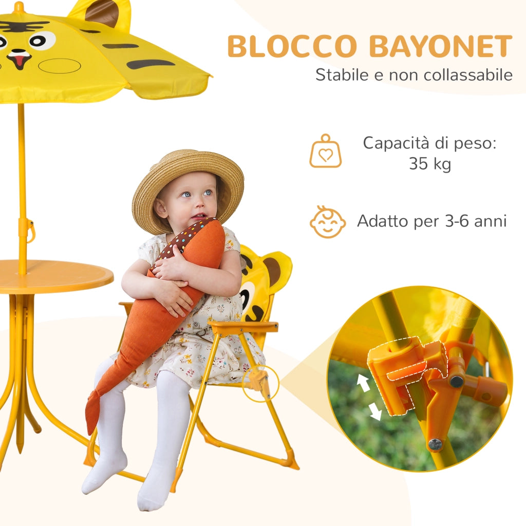 Set Giardino Bambini 4 Pezzi ¨C Xylo ¨C Tavolo Rotondo 2 Sedie Ombrellone Acciaio Tessuto Oxford Giallo