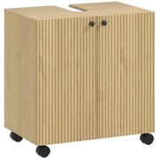 Mobiletto da bagno con ripiani a 3 livelli, ruote e struttura in legno.