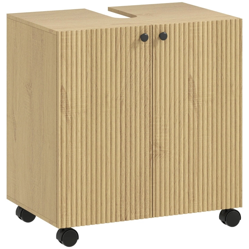 Mobiletto da bagno con ripiani a 3 livelli, ruote e struttura in legno.
