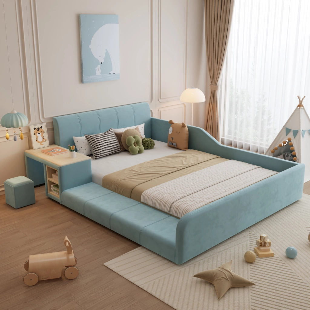 Letto imbottito singolo con scrivania laterale e sgabello 140x200 cm