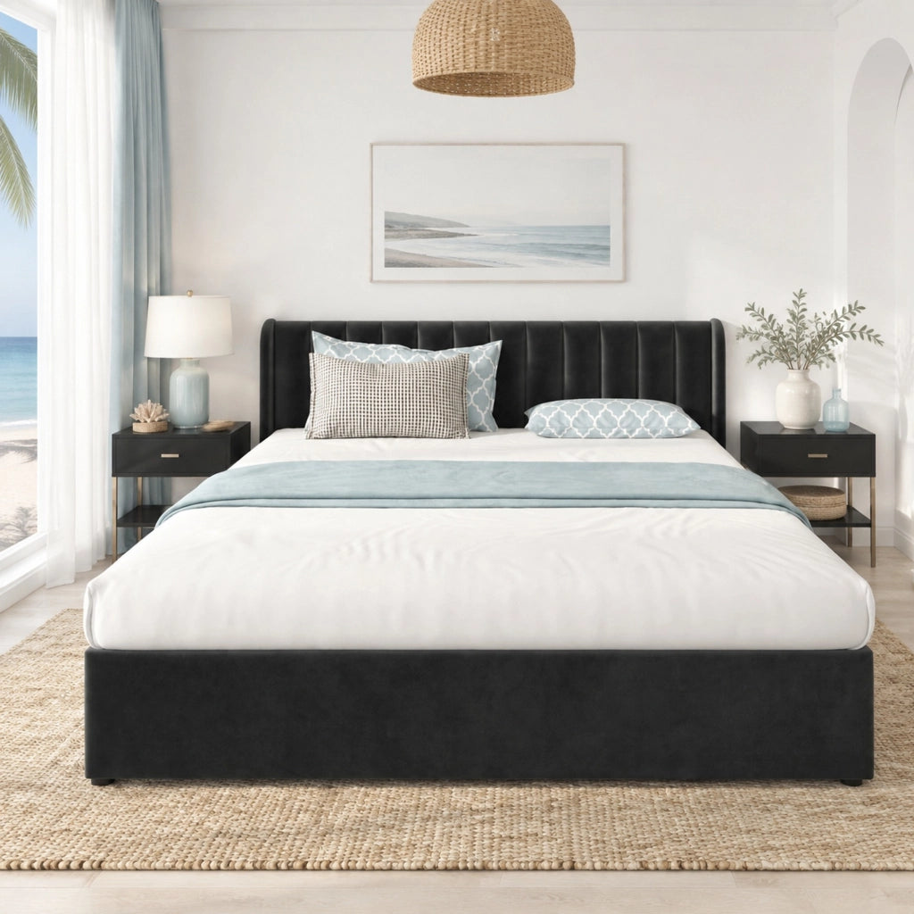 LETTO 180x200 cm in velluto nero con rete a doghe e 2 cassetti