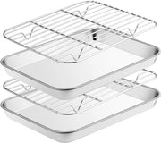 Due teglie per forno con griglia raffreddante, realizzate in acciaio inossidabile, non tossico, durature, facili da pulire, resistenti al lavastoviglie, adatte per la grigliatura e il raffreddamento di alimenti. 31,5*24,5*2,5cm