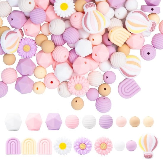 Kralen in Silicone 127 pezzi - Multicolore - 12 mm/14 mm - Kralen per lavori di artigianato - Rondi/Poliagonali - per gioielleria fai da te