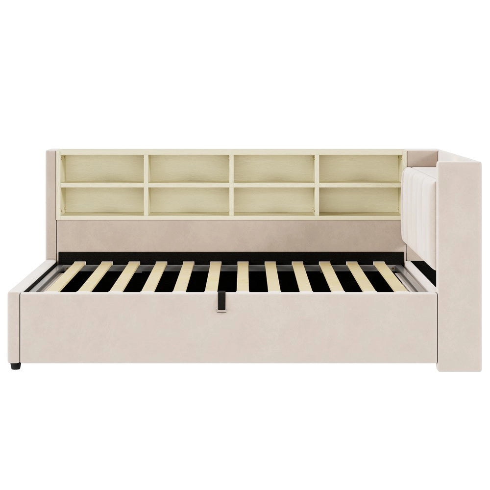 Letto Imbottito Contenitore con Testiera, Luce LED e USB ¨C MINIMAL ¨C Velluto Beige 90x200