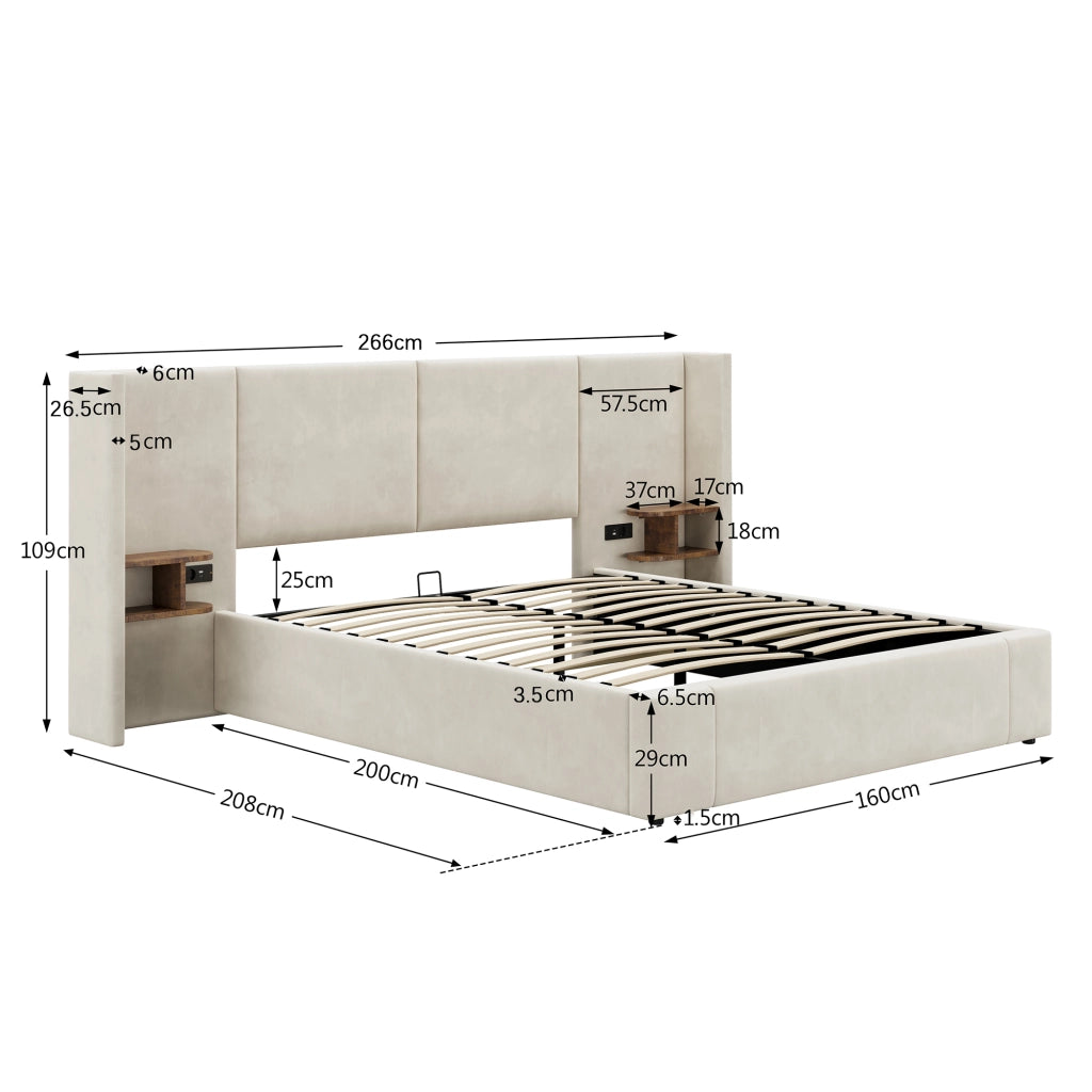 LETTO Contenitore 160x200 cm Velluto Beige con 2 comodini