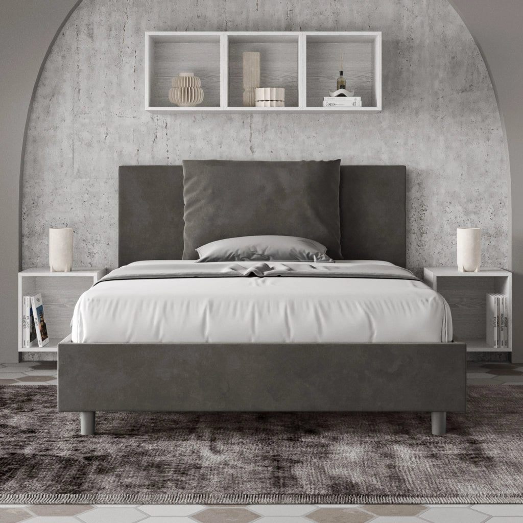 BS COM Letto queen size senza rete imbottito 150x210 microfibra grigio