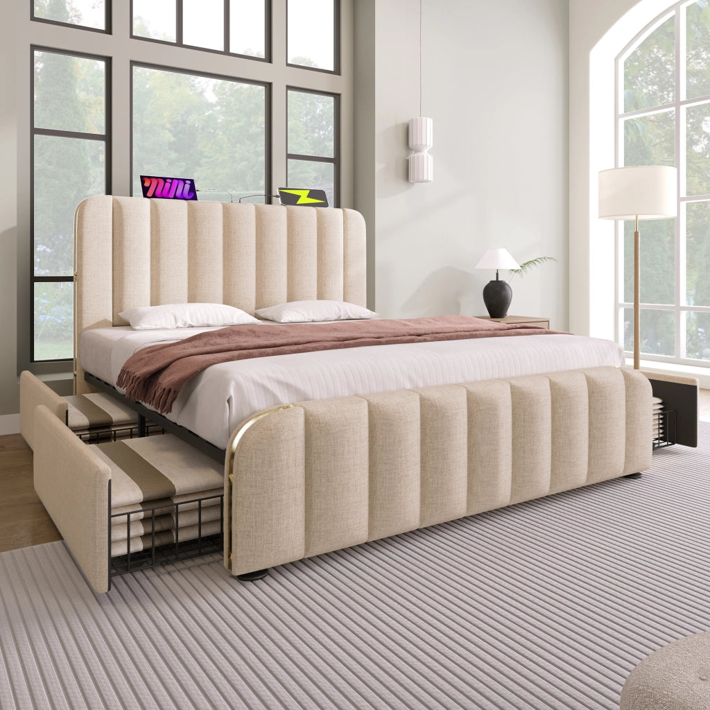 Letto contenitore matrimoniale 160×200 cm con 4 cassetti; USB Type-C e testiera imbottita; materasso incluso; beige