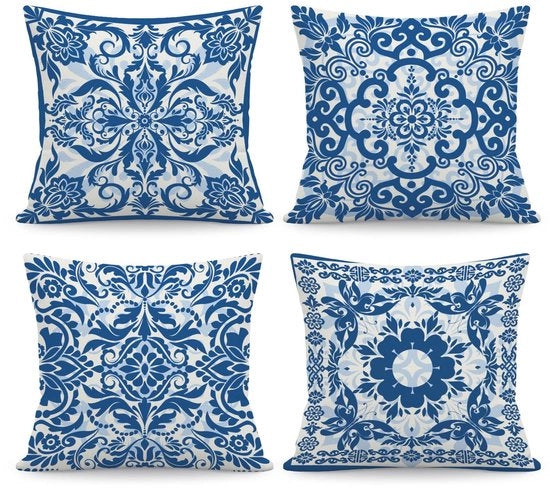 Set di cuscini decorativi Chinoiserie Blu/Bianco - 45 x 45 cm - Cuscini con chiusura a zip nascosta - Lavabile in lavatrice - Cuscini con copri cuscino